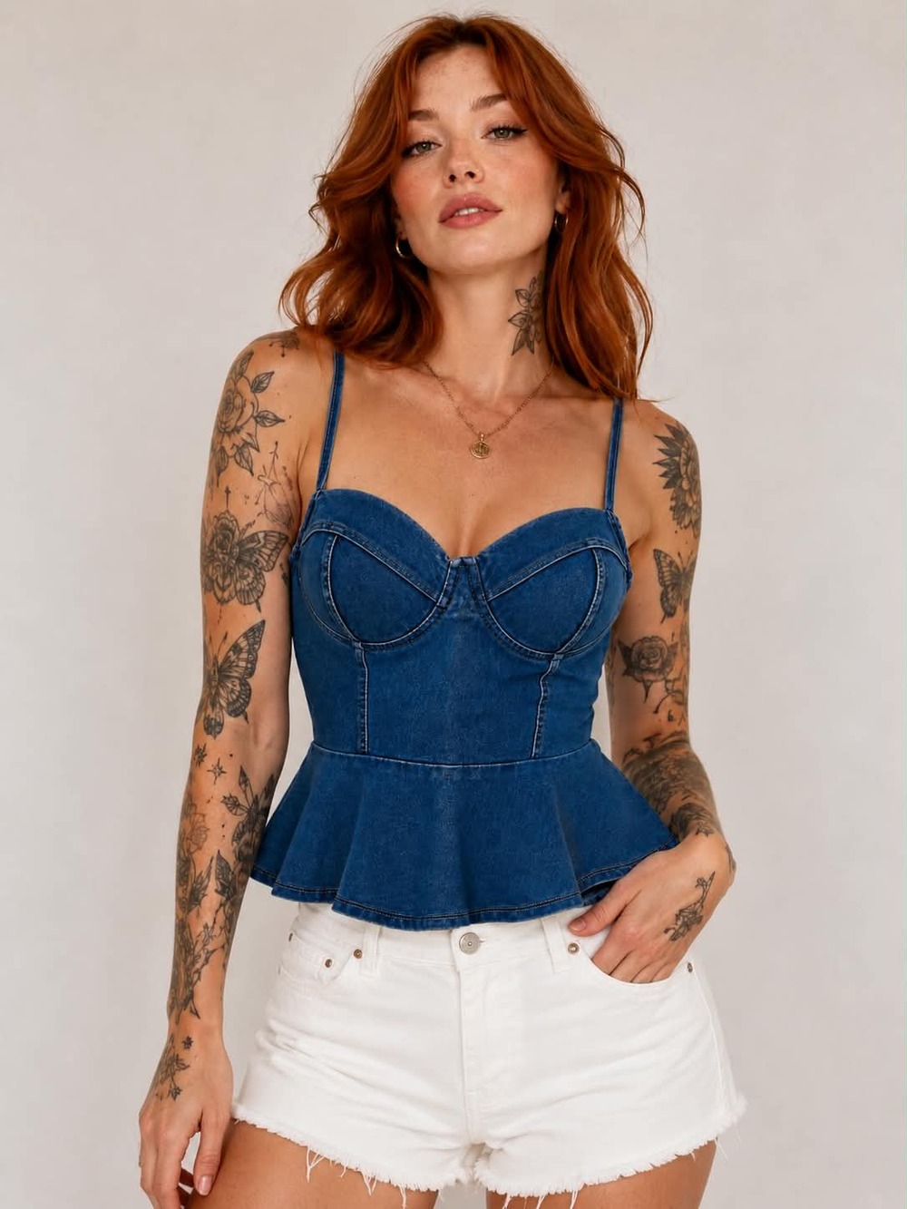 Haute Monde Denim Bustier Peplum Cami Top Adjustable Straps